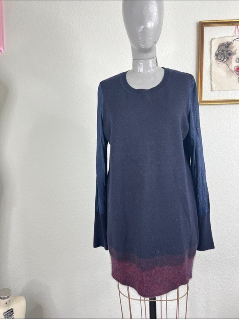 VINCE Boiled Wool Sheer Sleeve Mixed Media Crew Neck Sweater Dress
